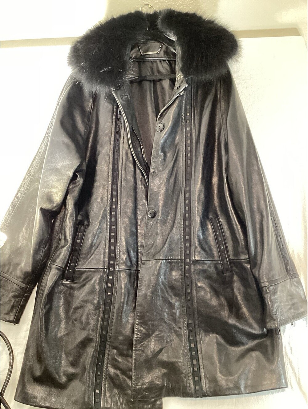KNOLES & CARTER Black Lambskin Leather Coat Fur Collar Braided Suede Trim XL